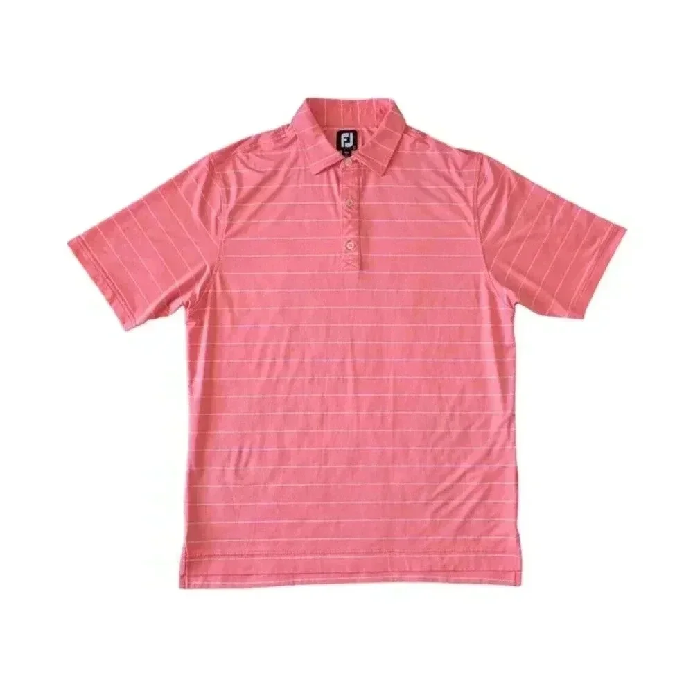 Footjoy Bright Coral Pink White Striped Polo Short Sleeve Shirt Large Wicking